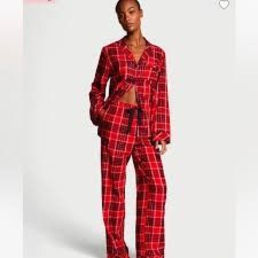 Victoria’s Secret Pajama PJ Set Sz Large Flannel Top Pants  Long Sleeve 100% Cot